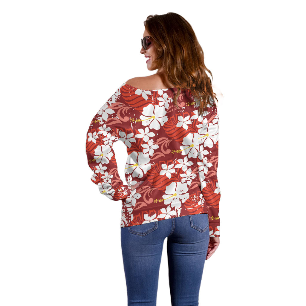 Red Hawaiian Hibiscus Monstera Off Shoulder Sweater Grunge Stylized LT01 - Polynesian Pride