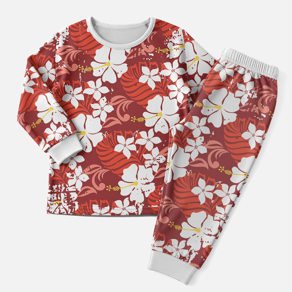Red Hawaiian Hibiscus Monstera Christmas Pajama Set Grunge Stylized LT01 Men Red - Polynesian Pride