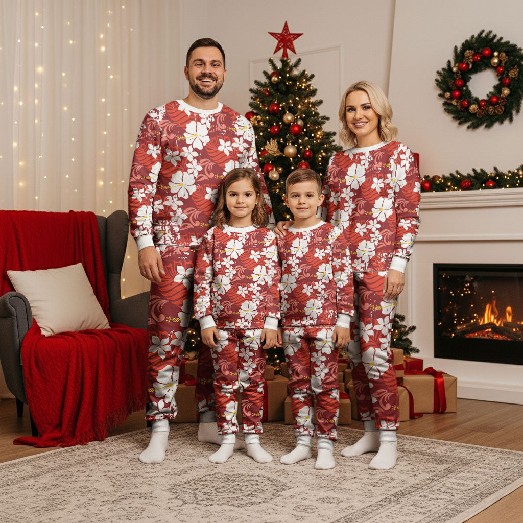 Red Hawaiian Hibiscus Monstera Christmas Pajama Set Grunge Stylized LT01 - Polynesian Pride