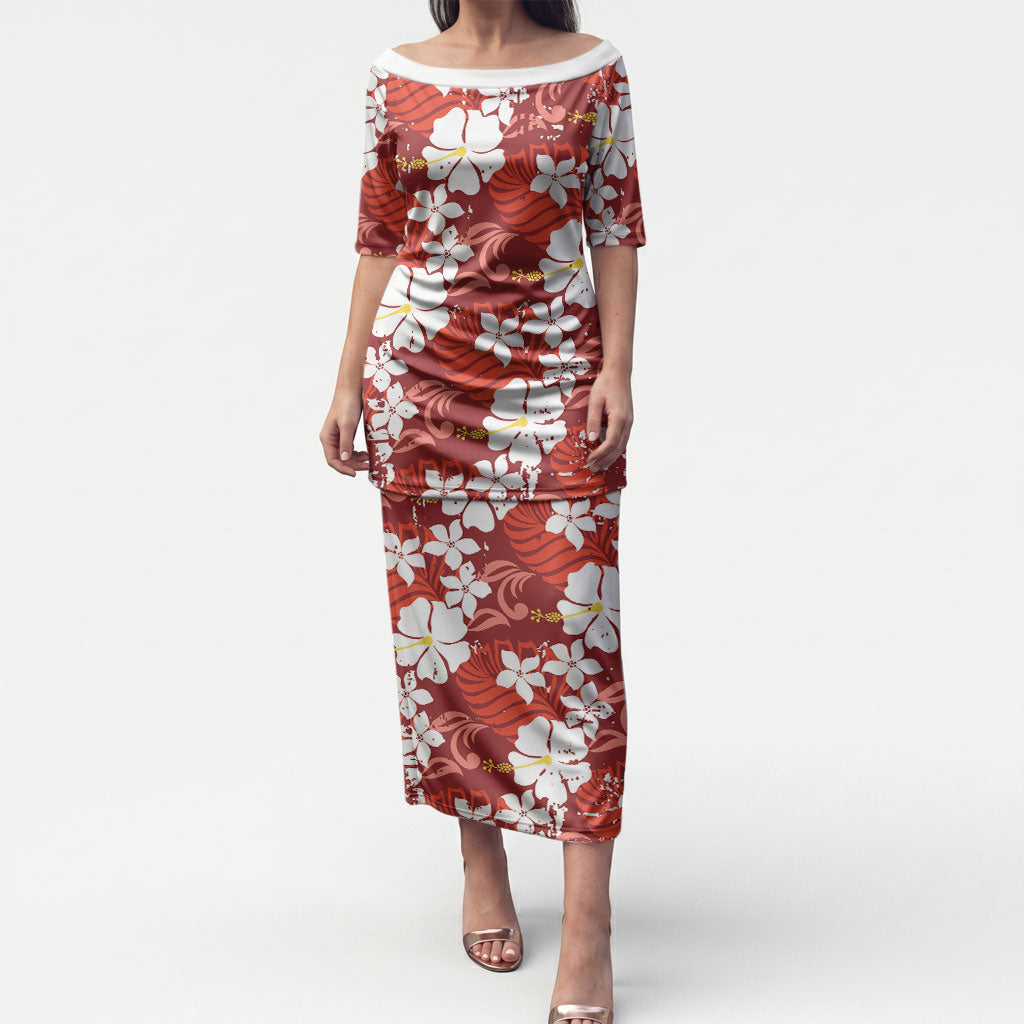 Red Hawaiian Hibiscus Monstera Puletasi Grunge Stylized LT01 Long Dress Red - Polynesian Pride