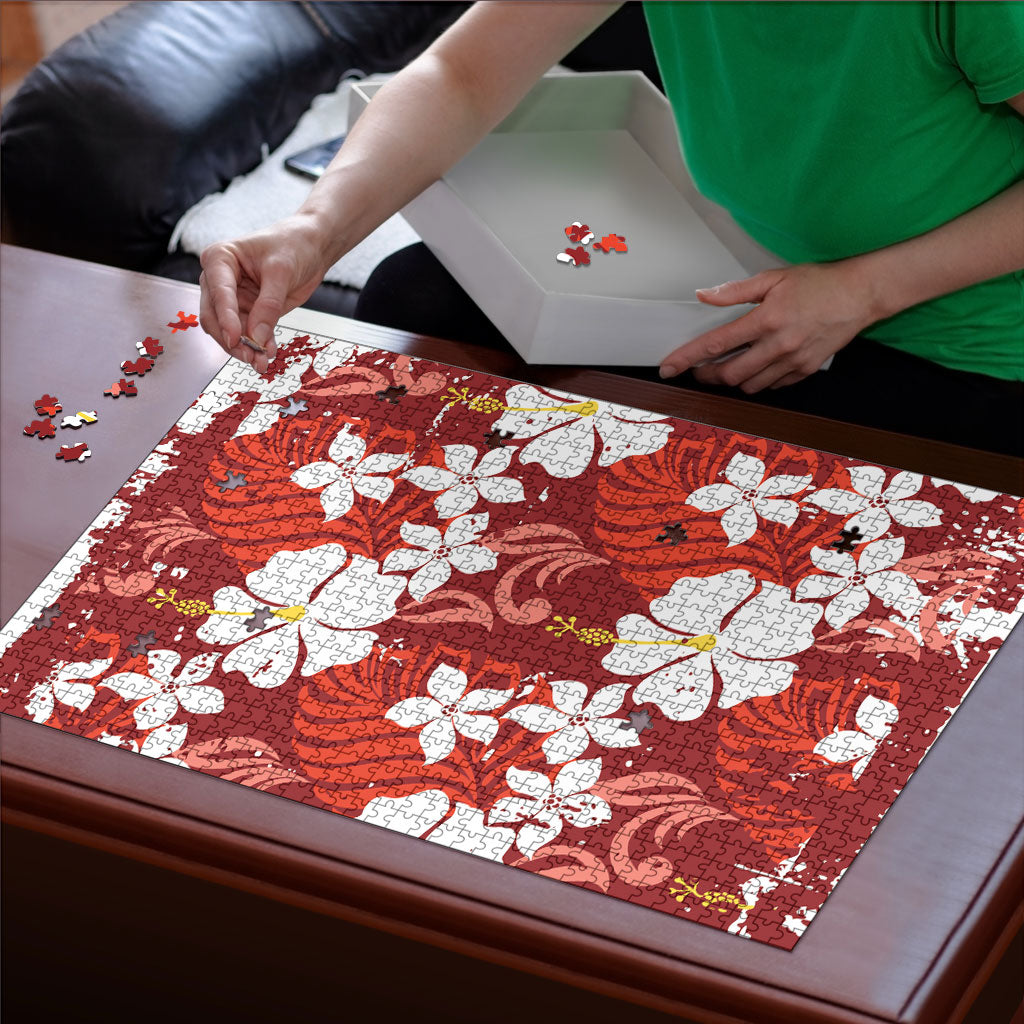 Red Hawaiian Hibiscus Monstera Puzzle Grunge Stylized LT01 - Polynesian Pride
