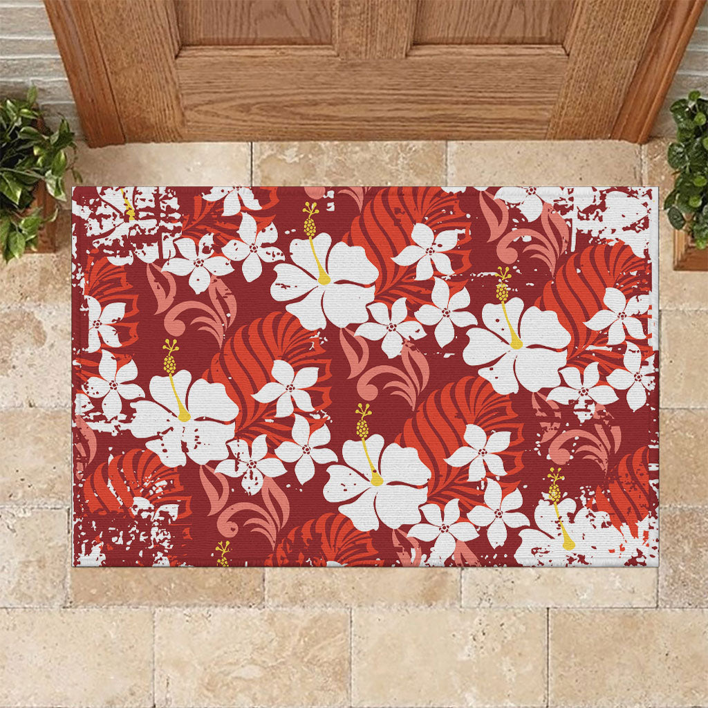 Red Hawaiian Hibiscus Monstera Rubber Doormat Grunge Stylized LT01 Red - Polynesian Pride