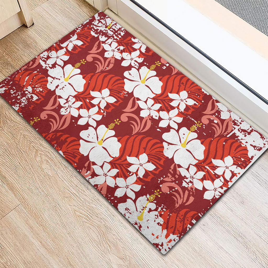 Red Hawaiian Hibiscus Monstera Rubber Doormat Grunge Stylized LT01 - Polynesian Pride