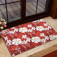 Red Hawaiian Hibiscus Monstera Rubber Doormat Grunge Stylized LT01 - Polynesian Pride