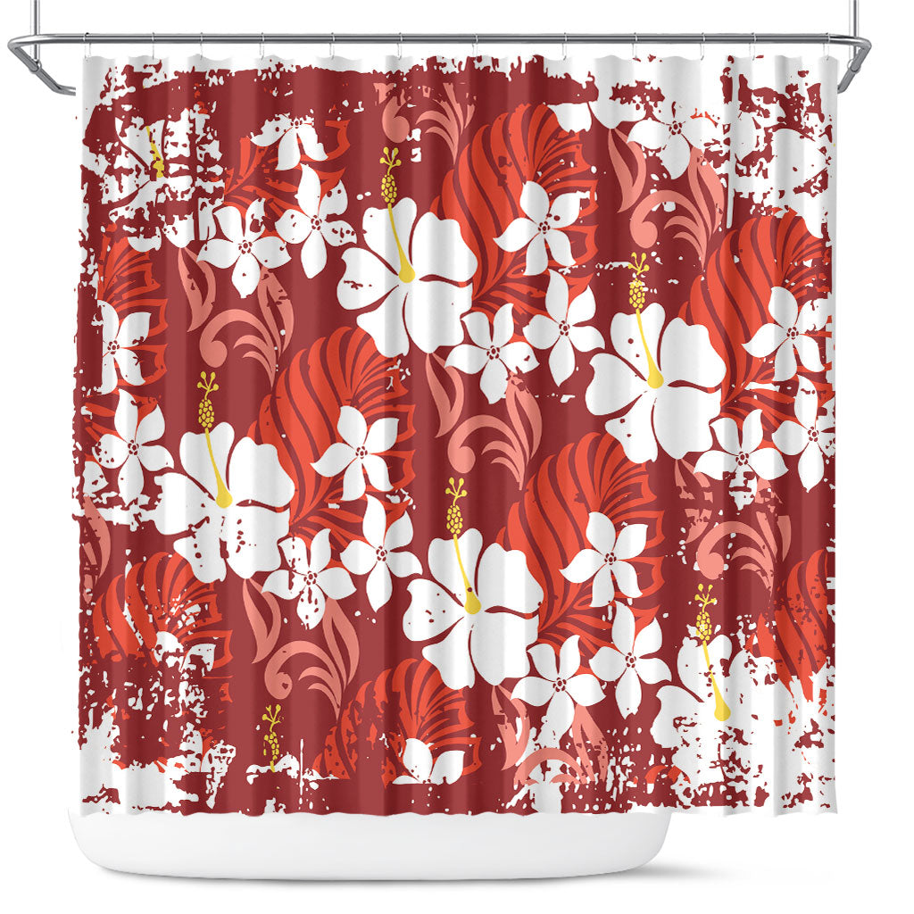Red Hawaiian Hibiscus Monstera Shower Curtain Grunge Stylized LT01 Red - Polynesian Pride