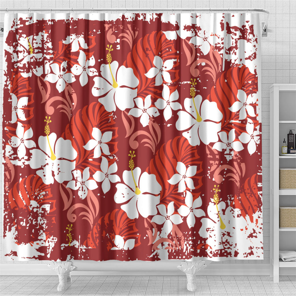 Red Hawaiian Hibiscus Monstera Shower Curtain Grunge Stylized LT01 - Polynesian Pride
