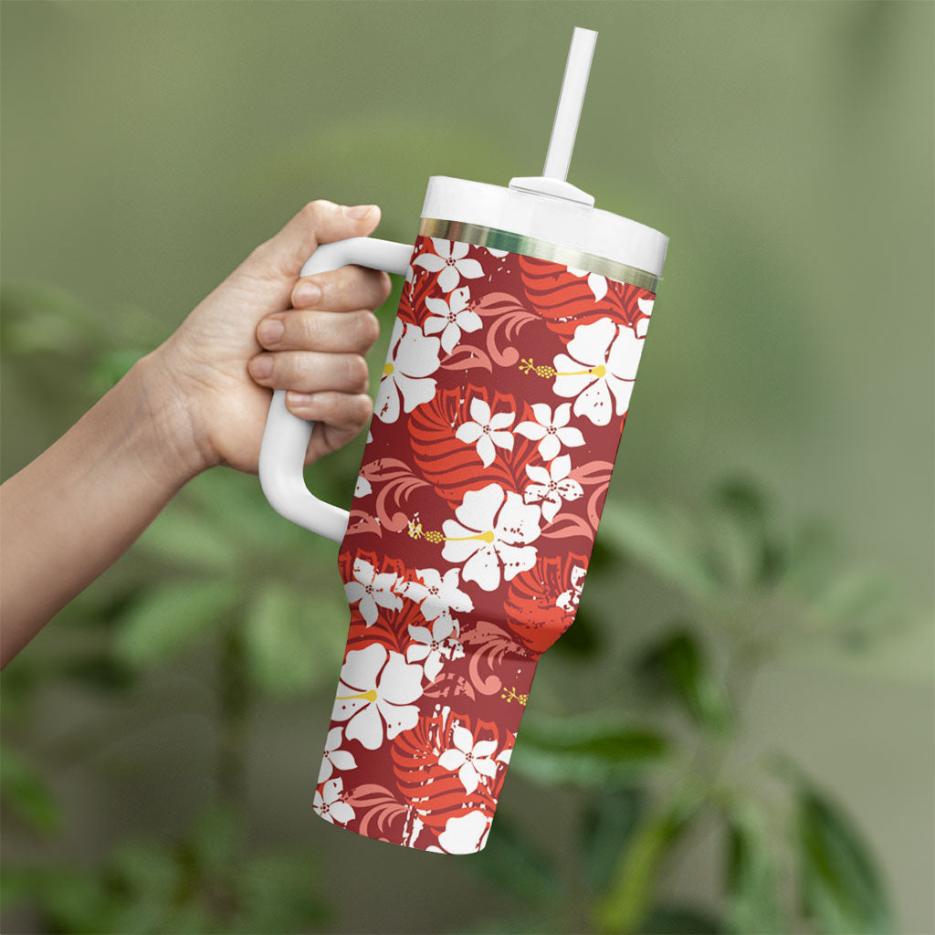 Red Hawaiian Hibiscus Monstera Tumbler With Handle Grunge Stylized LT01 - Polynesian Pride