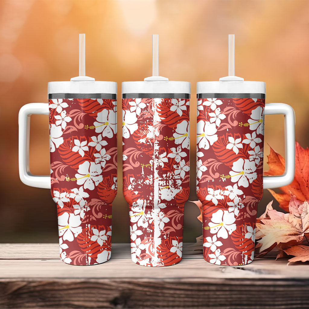 Red Hawaiian Hibiscus Monstera Tumbler With Handle Grunge Stylized LT01 - Polynesian Pride