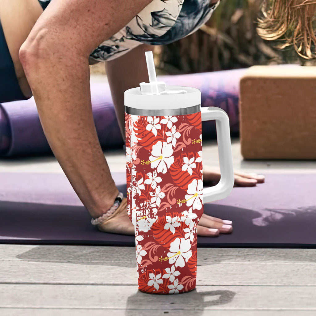 Red Hawaiian Hibiscus Monstera Tumbler With Handle Grunge Stylized LT01 - Polynesian Pride
