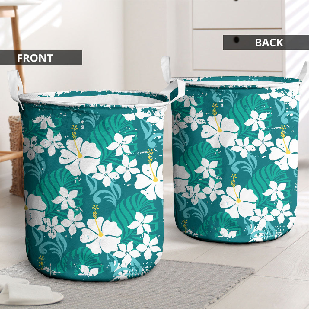 Teal Hawaiian Hibiscus Monstera Laundry Basket Grunge Stylized LT01 - Polynesian Pride