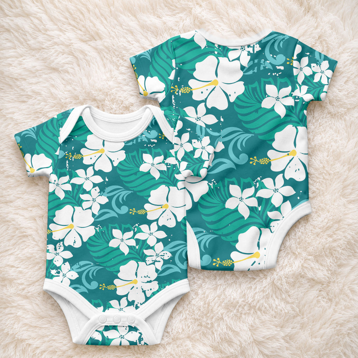 Teal Hawaiian Hibiscus Monstera Baby Onesie Grunge Stylized LT01 - Polynesian Pride