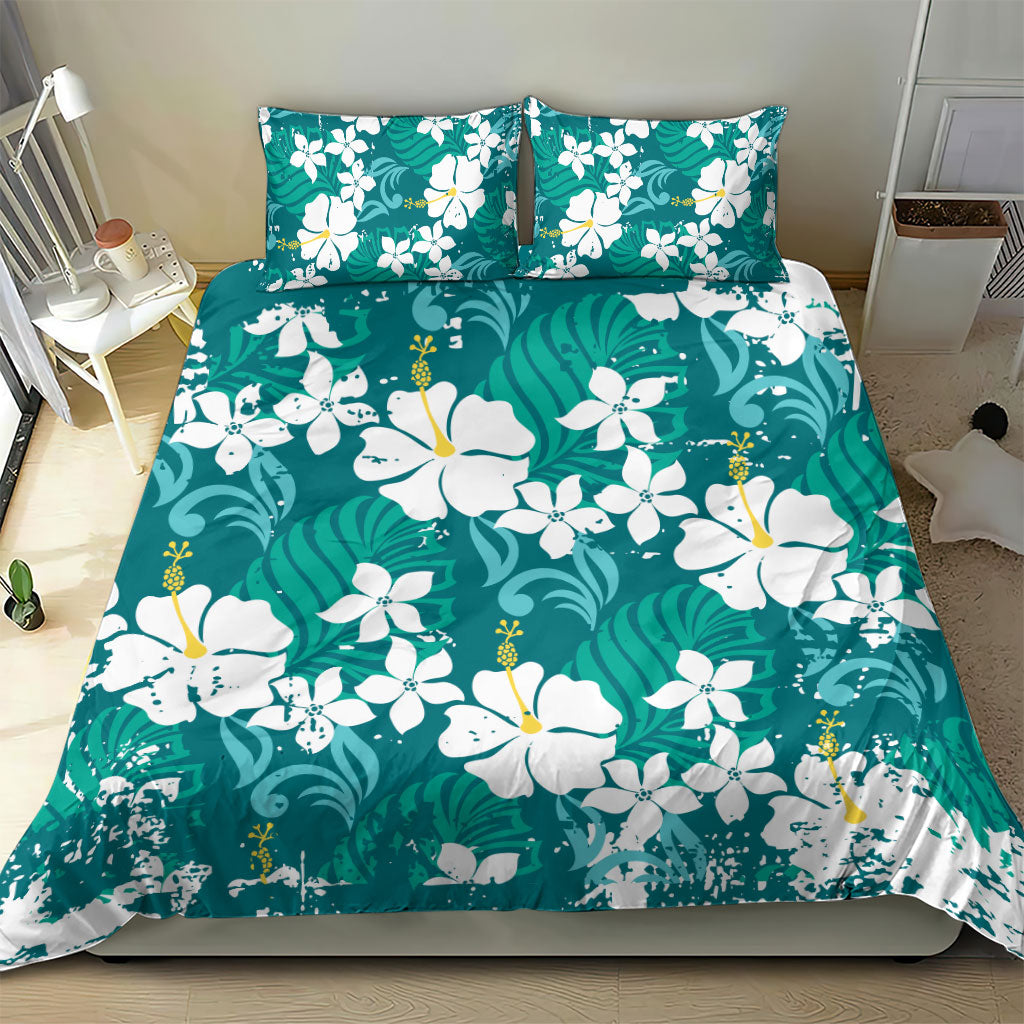 Teal Hawaiian Hibiscus Monstera Bedding Set Grunge Stylized LT01 - Polynesian Pride