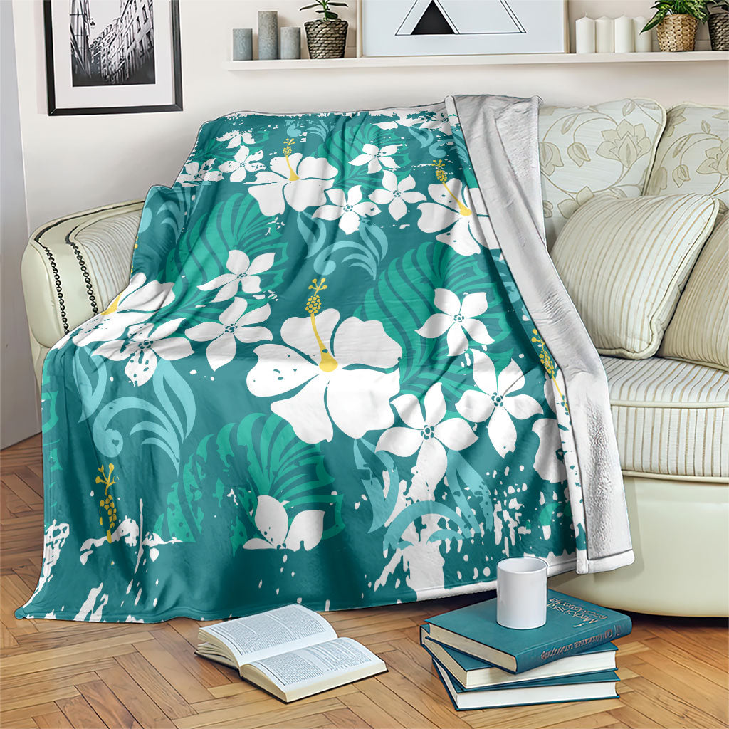 Teal Hawaiian Hibiscus Monstera Blanket Grunge Stylized LT01 Teal - Polynesian Pride
