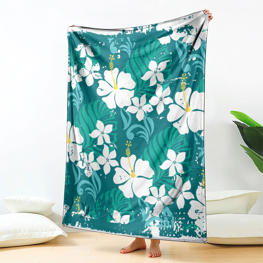 Teal Hawaiian Hibiscus Monstera Blanket Grunge Stylized LT01 - Polynesian Pride