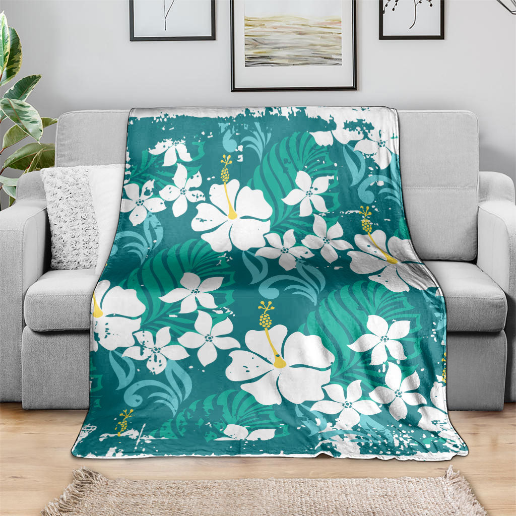 Teal Hawaiian Hibiscus Monstera Blanket Grunge Stylized LT01 - Polynesian Pride
