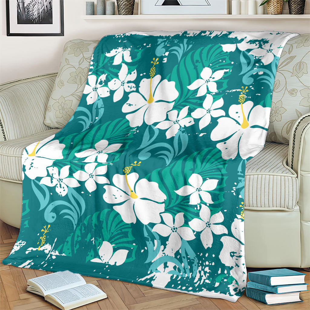 Teal Hawaiian Hibiscus Monstera Blanket Grunge Stylized LT01 - Polynesian Pride