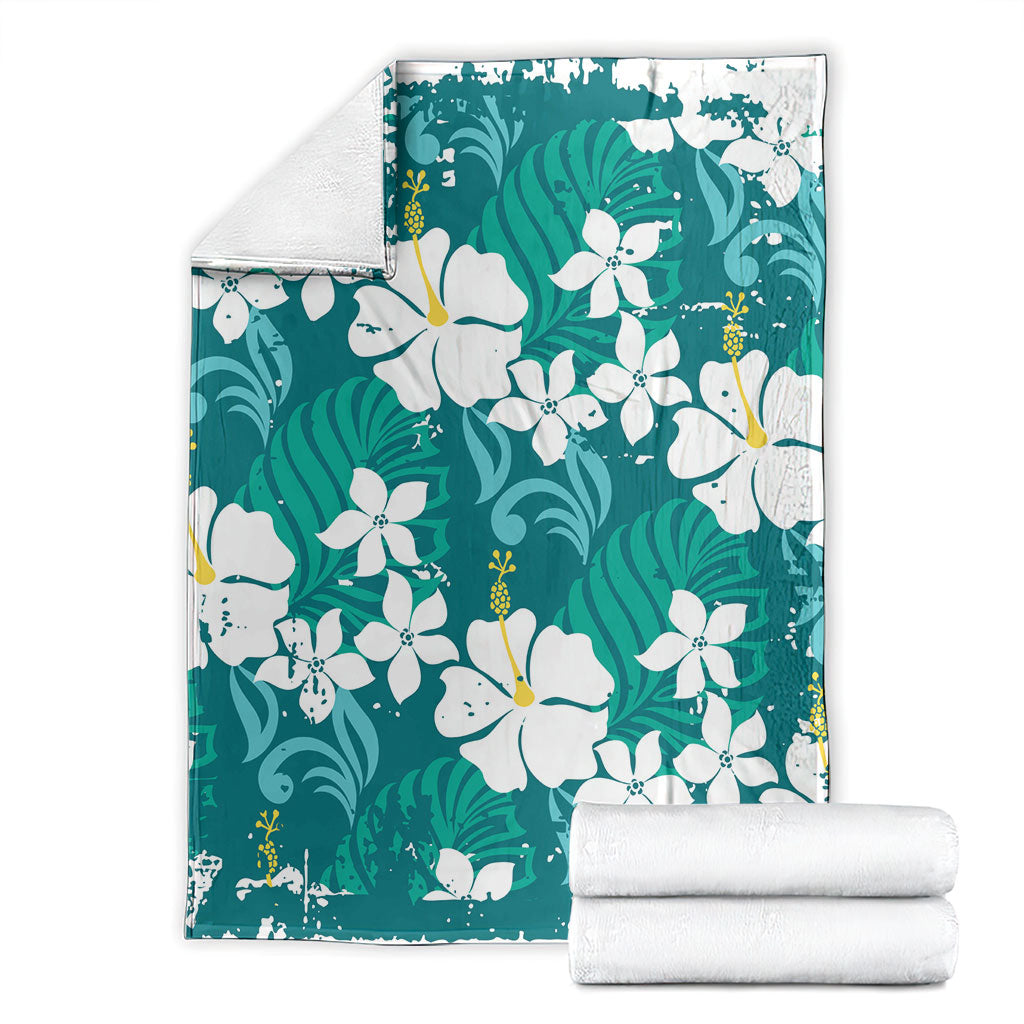 Teal Hawaiian Hibiscus Monstera Blanket Grunge Stylized LT01 - Polynesian Pride