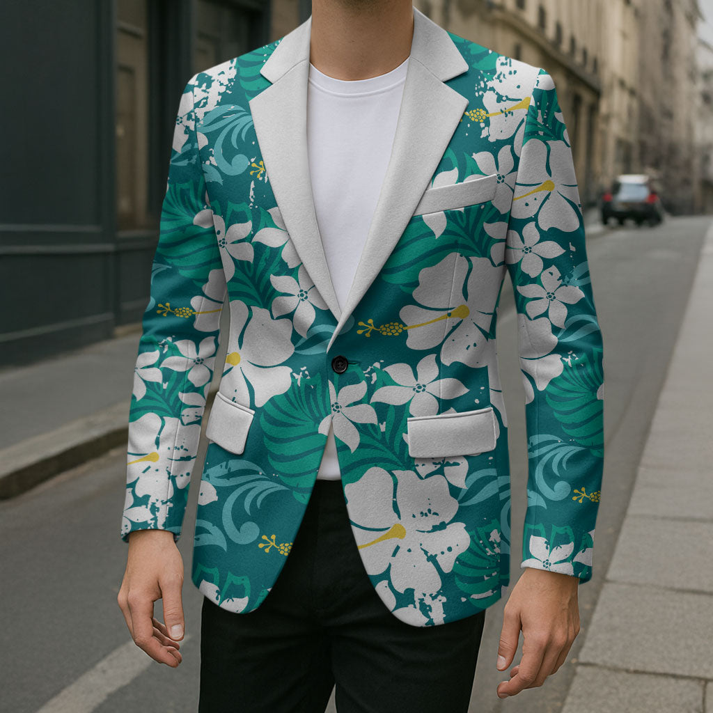 Teal Hawaiian Hibiscus Monstera Blazer Grunge Stylized LT01 - Polynesian Pride