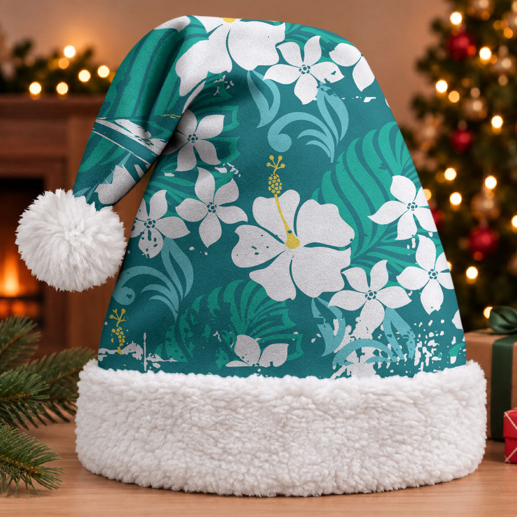 Teal Hawaiian Hibiscus Monstera Christmas Santa Hat Grunge Stylized
