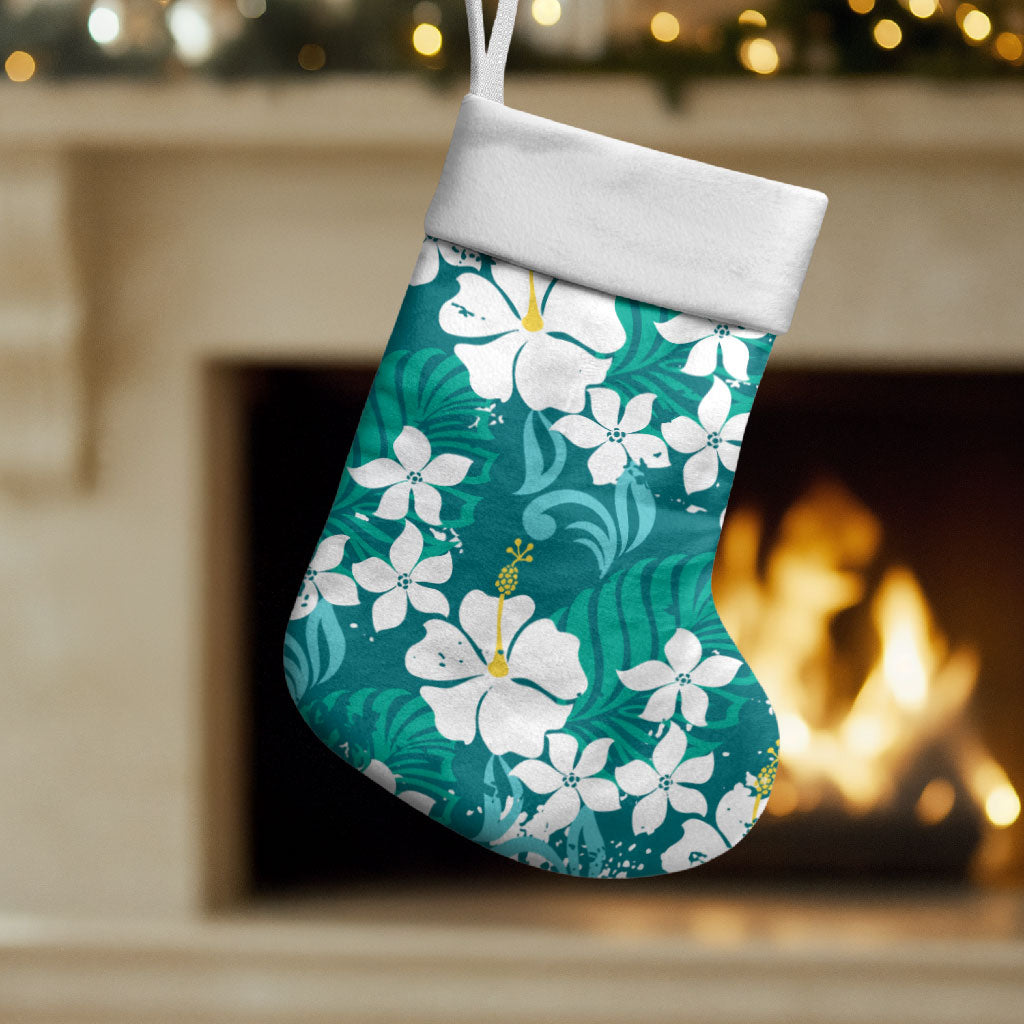 Teal Hawaiian Hibiscus Monstera Christmas Stocking Grunge Stylized LT01 Set of 2 Teal - Polynesian Pride