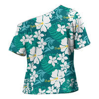 Teal Hawaiian Hibiscus Monstera Cross Shoulder Shirt Grunge Stylized LT01 - Polynesian Pride