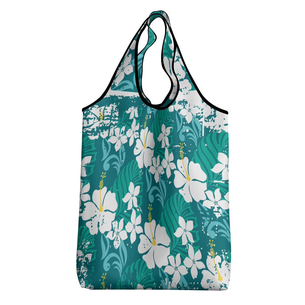 Teal Hawaiian Hibiscus Monstera Grocery Bag Grunge Stylized LT01 - Polynesian Pride