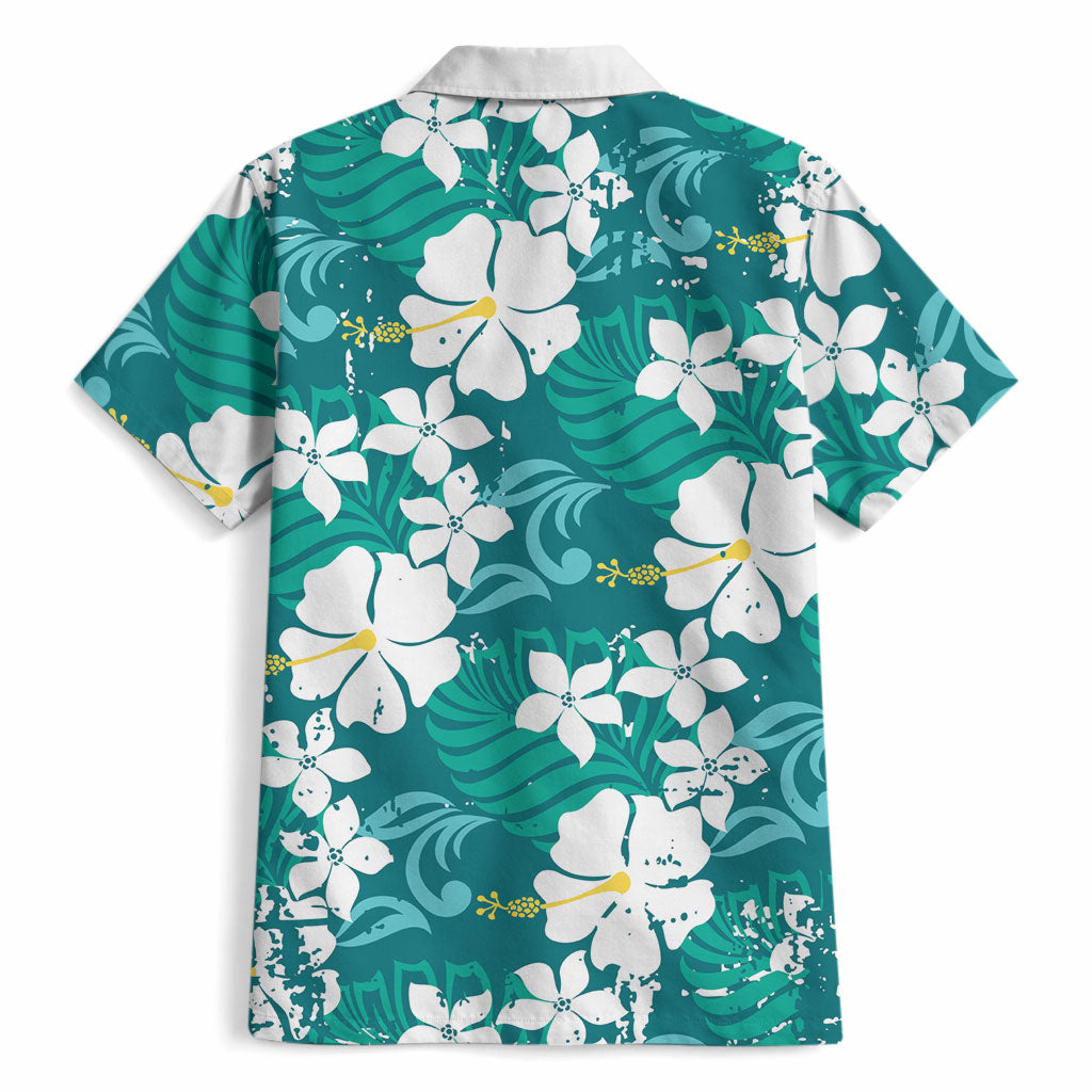 Teal Hawaiian Hibiscus Monstera Hawaiian Shirt Grunge Stylized LT01 - Polynesian Pride