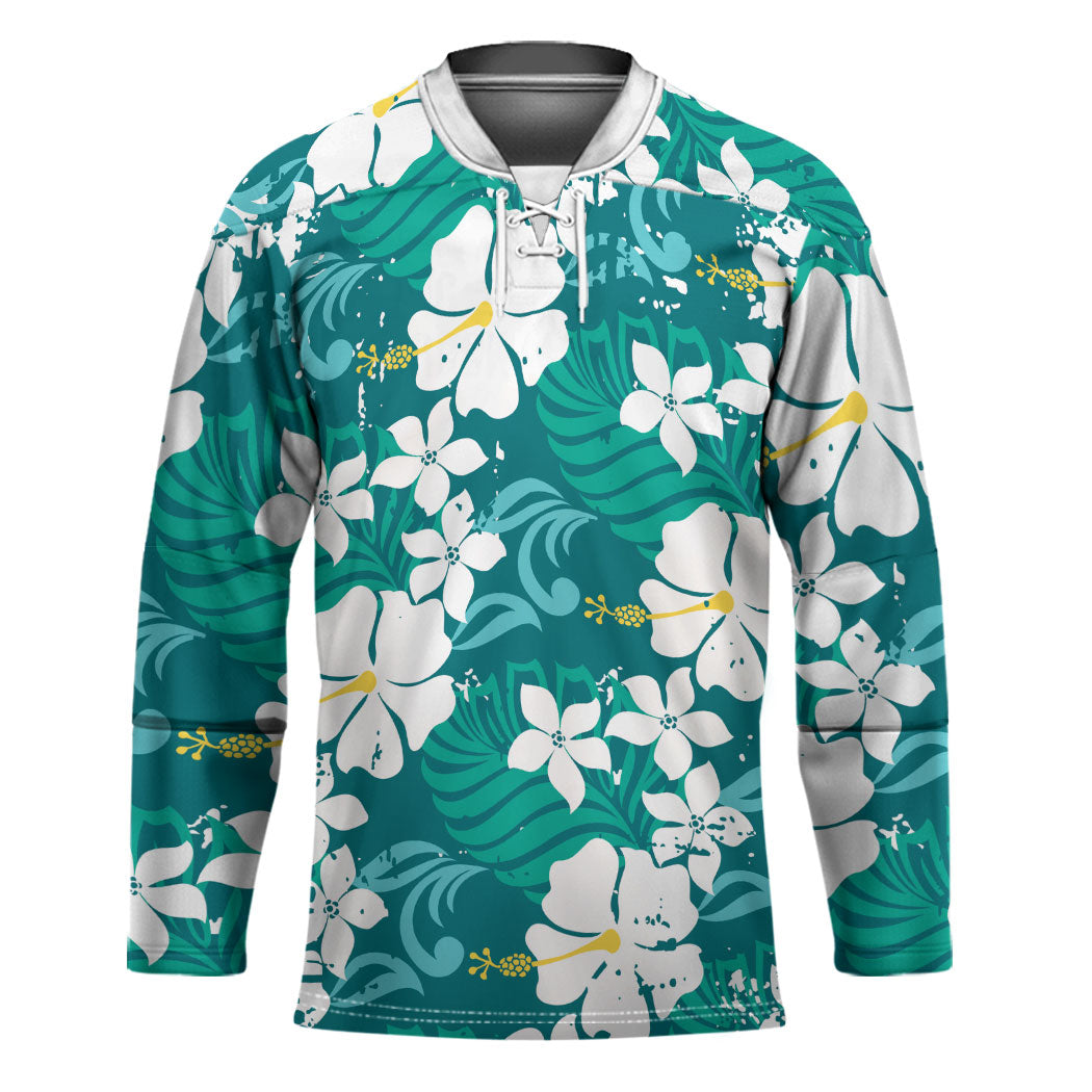 Teal Hawaiian Hibiscus Monstera Hockey Jersey Grunge Stylized LT01 Unisex Teal - Polynesian Pride