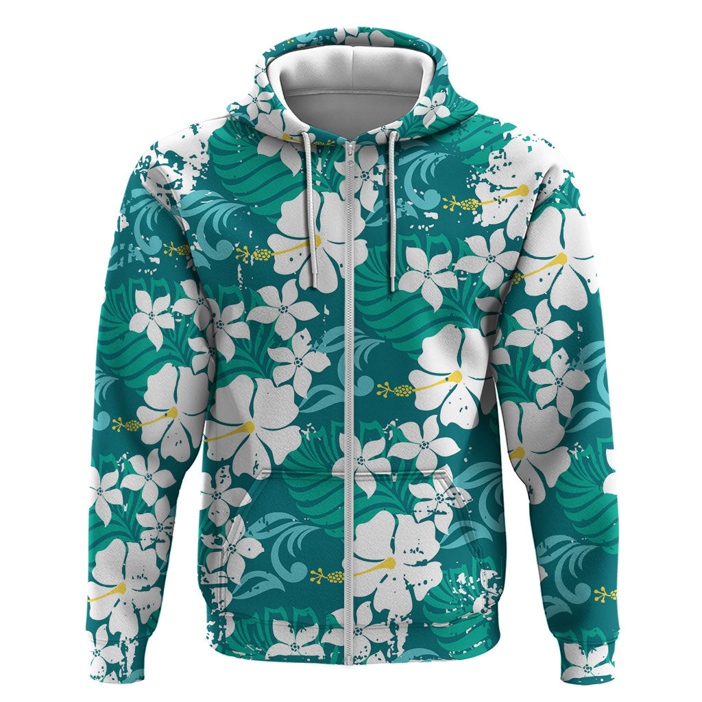 Teal Hawaiian Hibiscus Monstera Hoodie Grunge Stylized LT01 Zip Hoodie Teal - Polynesian Pride