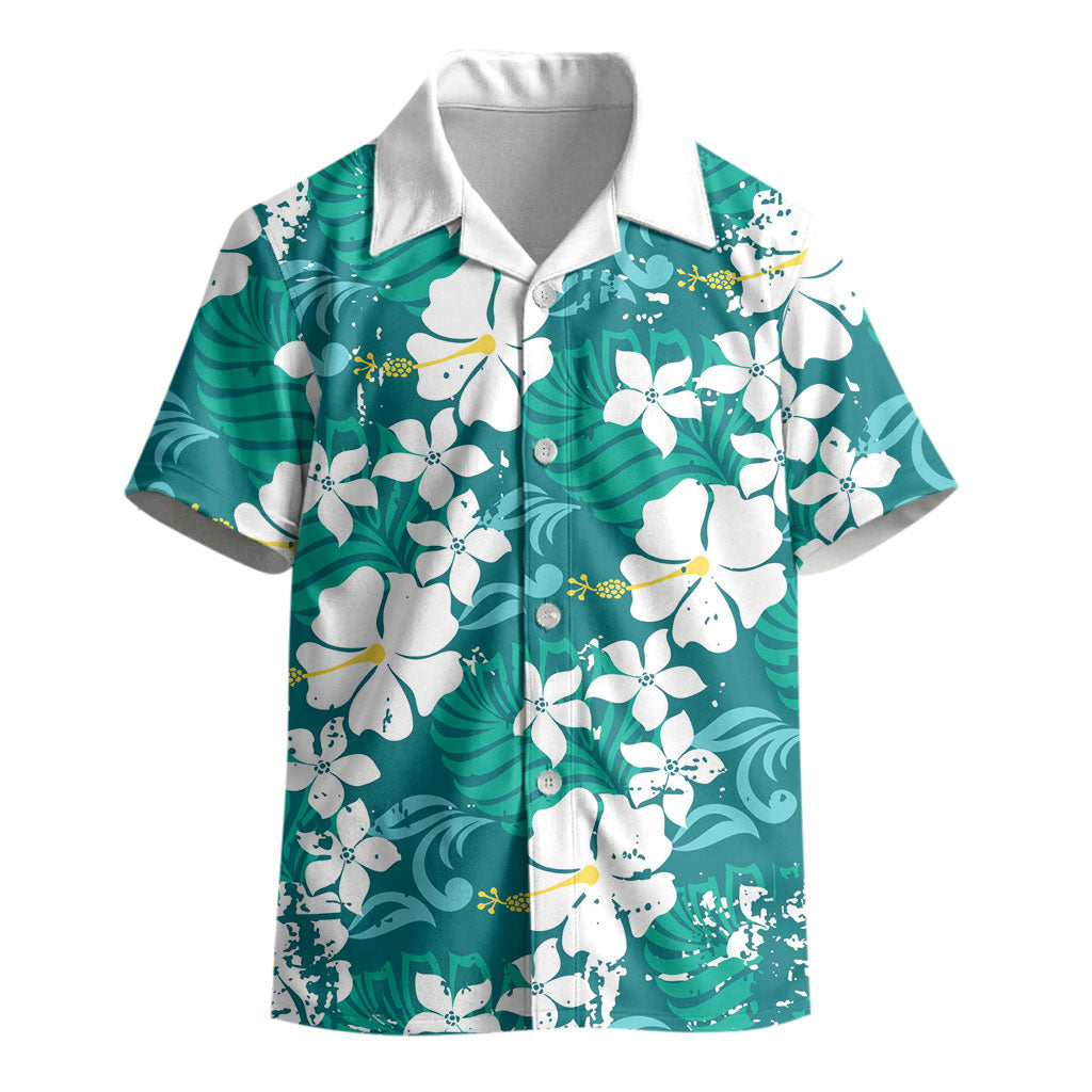 Teal Hawaiian Hibiscus Monstera Kid Hawaiian Shirt Grunge Stylized LT01 - Polynesian Pride