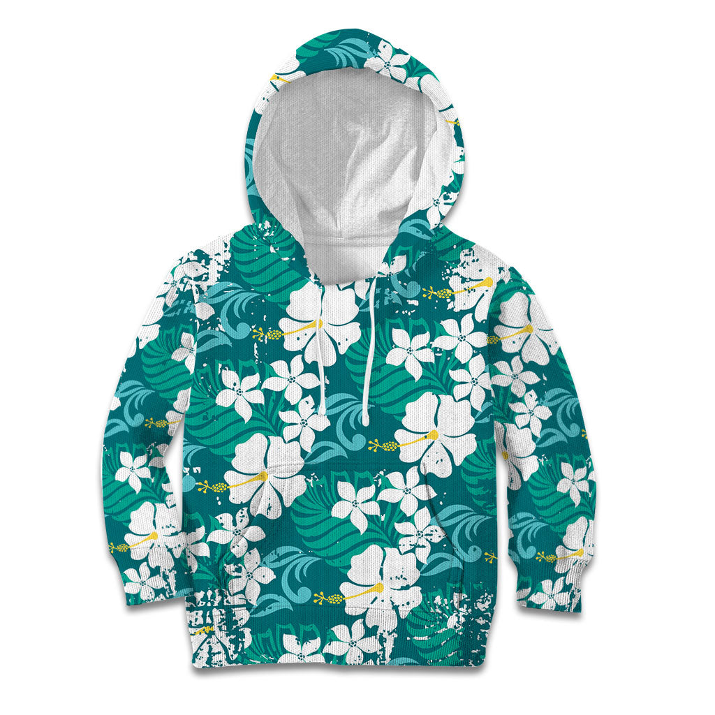 Teal Hawaiian Hibiscus Monstera Kid Hoodie Grunge Stylized LT01 Hoodie Teal - Polynesian Pride