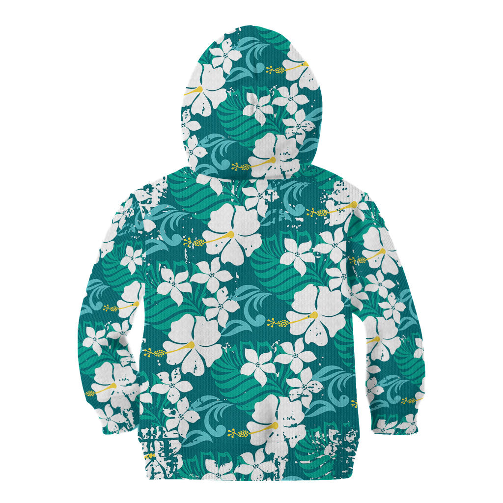 Teal Hawaiian Hibiscus Monstera Kid Hoodie Grunge Stylized LT01 - Polynesian Pride