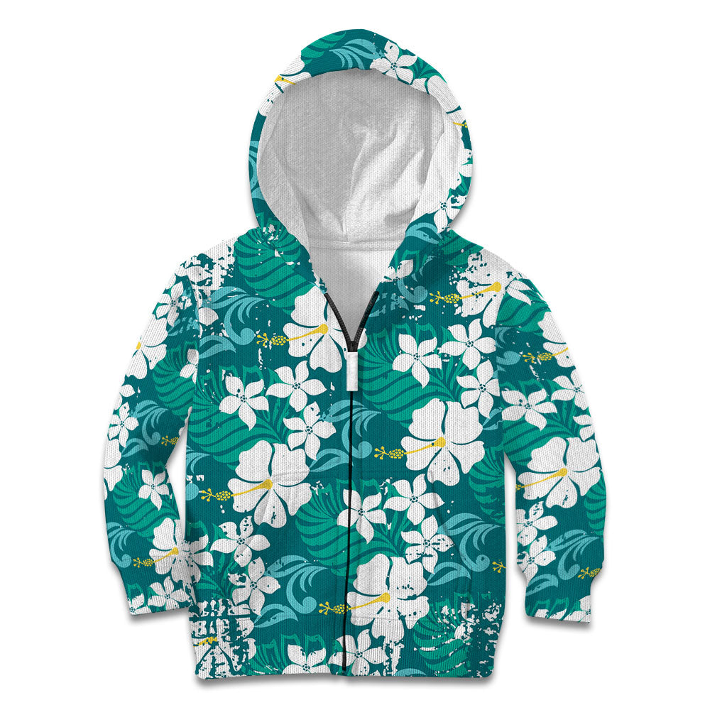 Teal Hawaiian Hibiscus Monstera Kid Hoodie Grunge Stylized LT01 Zip Hoodie Teal - Polynesian Pride