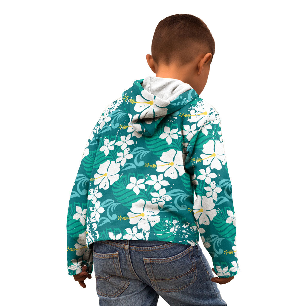 Teal Hawaiian Hibiscus Monstera Kid Hoodie Grunge Stylized LT01 - Polynesian Pride