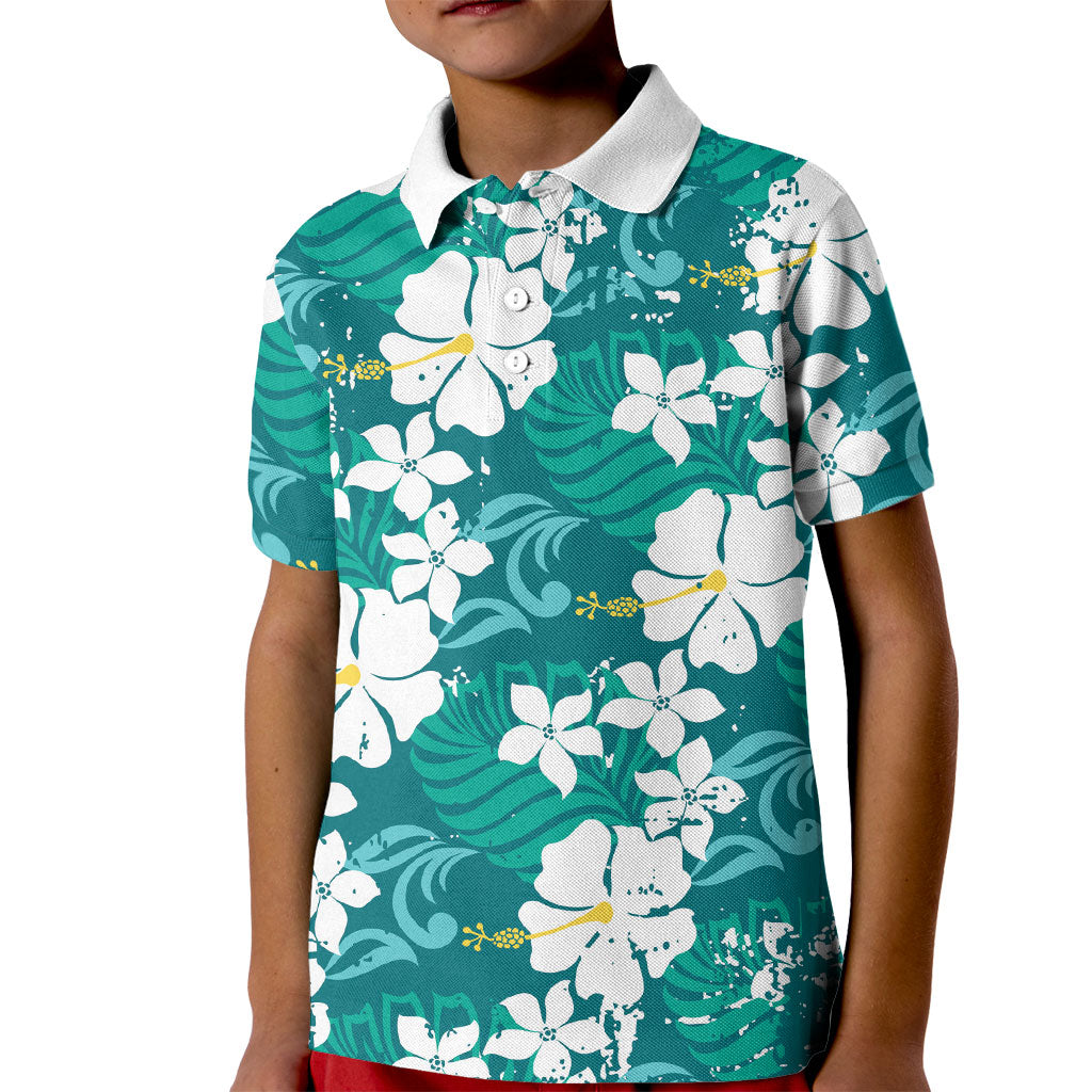 Teal Hawaiian Hibiscus Monstera Kid Polo Shirt Grunge Stylized LT01 Kid Teal - Polynesian Pride
