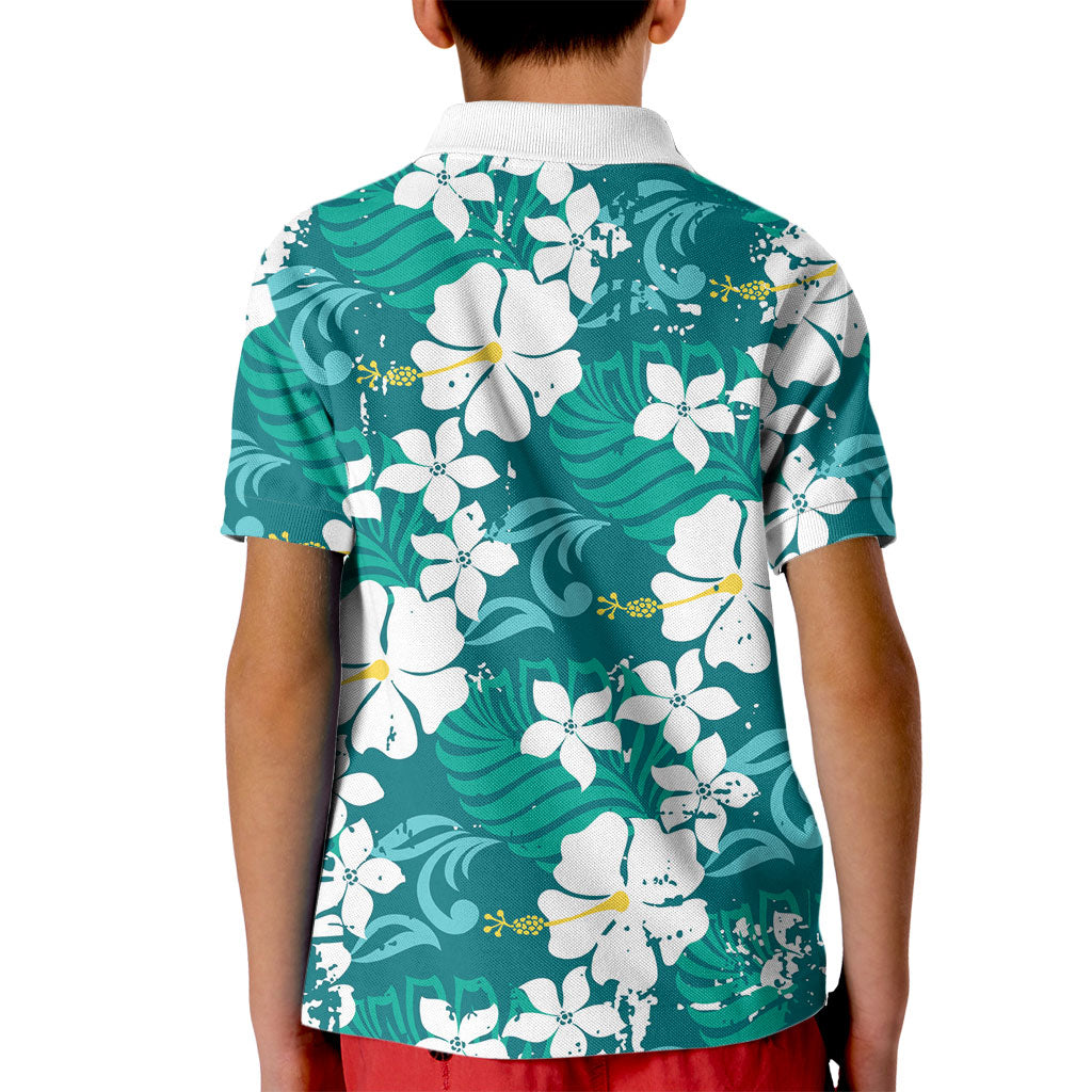Teal Hawaiian Hibiscus Monstera Kid Polo Shirt Grunge Stylized LT01 - Polynesian Pride