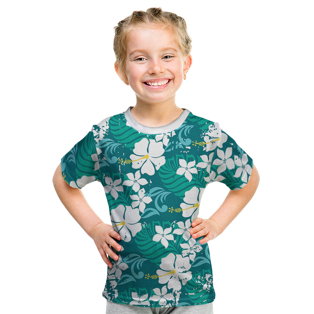 Teal Hawaiian Hibiscus Monstera Kid T Shirt Grunge Stylized