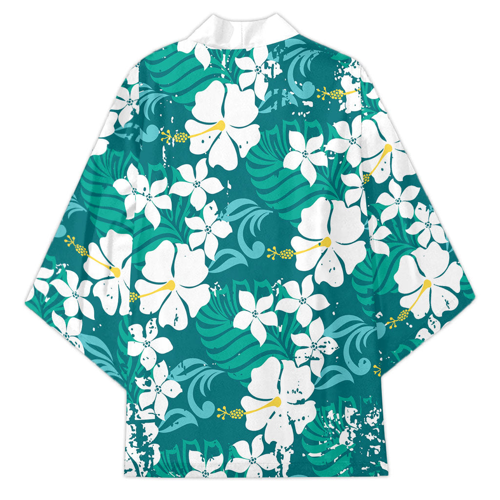 Teal Hawaiian Hibiscus Monstera Kimono Grunge Stylized LT01 - Polynesian Pride