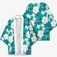 Teal Hawaiian Hibiscus Monstera Kimono Grunge Stylized LT01 - Polynesian Pride