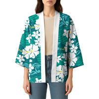 Teal Hawaiian Hibiscus Monstera Kimono Grunge Stylized LT01 - Polynesian Pride