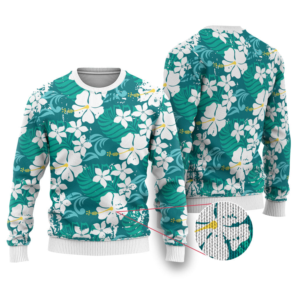 Teal Hawaiian Hibiscus Monstera Ugly Christmas Sweater Grunge Stylized LT01 Teal - Polynesian Pride