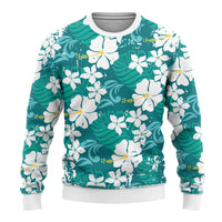 Teal Hawaiian Hibiscus Monstera Ugly Christmas Sweater Grunge Stylized LT01 - Polynesian Pride
