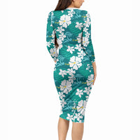 Teal Hawaiian Hibiscus Monstera Long Sleeve Bodycon Dress Grunge Stylized LT01 - Polynesian Pride