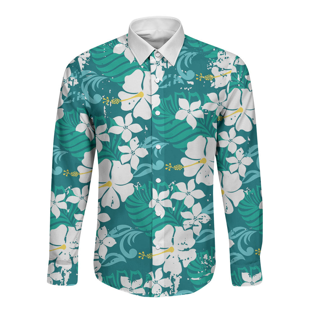 Teal Hawaiian Hibiscus Monstera Long Sleeve Button Shirt Grunge Stylized LT01 Unisex Teal - Polynesian Pride
