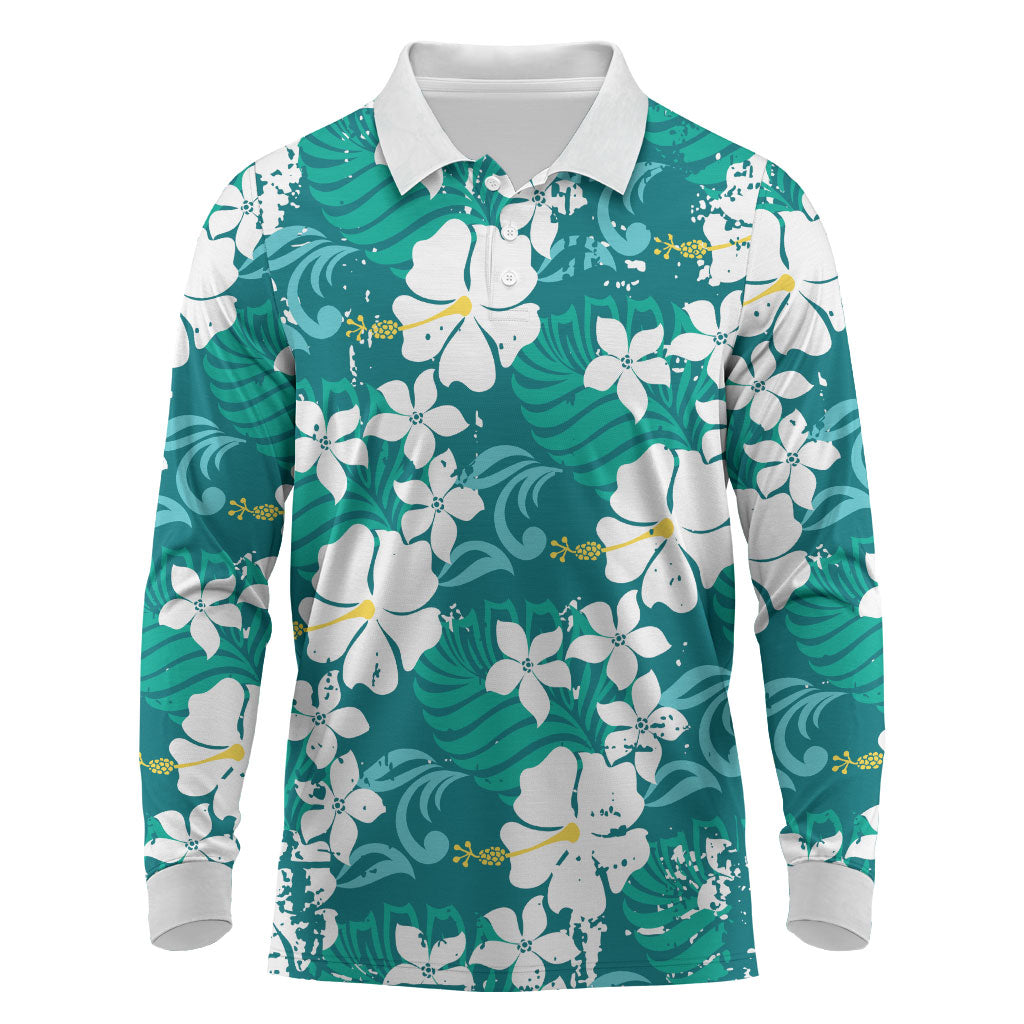 Teal Hawaiian Hibiscus Monstera Long Sleeve Polo Shirt Grunge Stylized