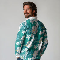 Teal Hawaiian Hibiscus Monstera Long Sleeve Polo Shirt Grunge Stylized LT01 - Polynesian Pride