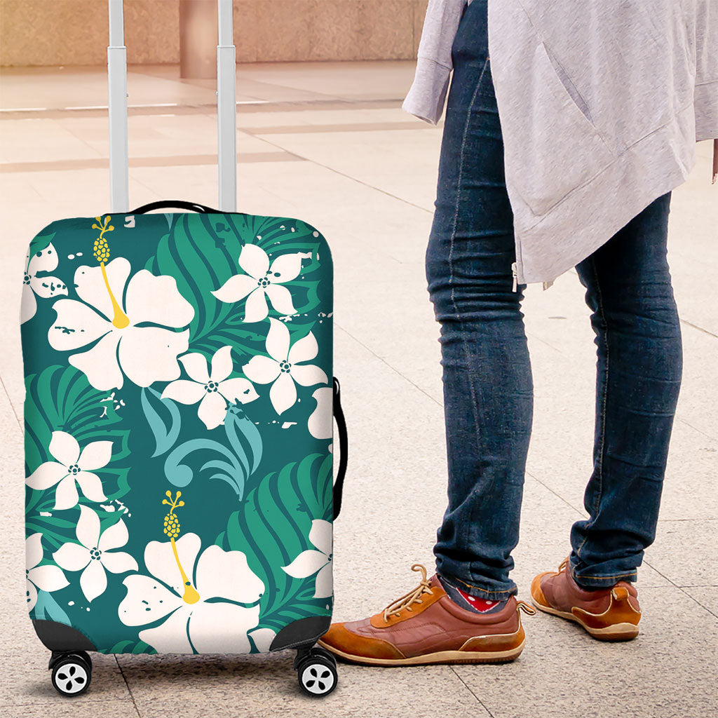 Teal Hawaiian Hibiscus Monstera Luggage Cover Grunge Stylized LT01 Teal - Polynesian Pride