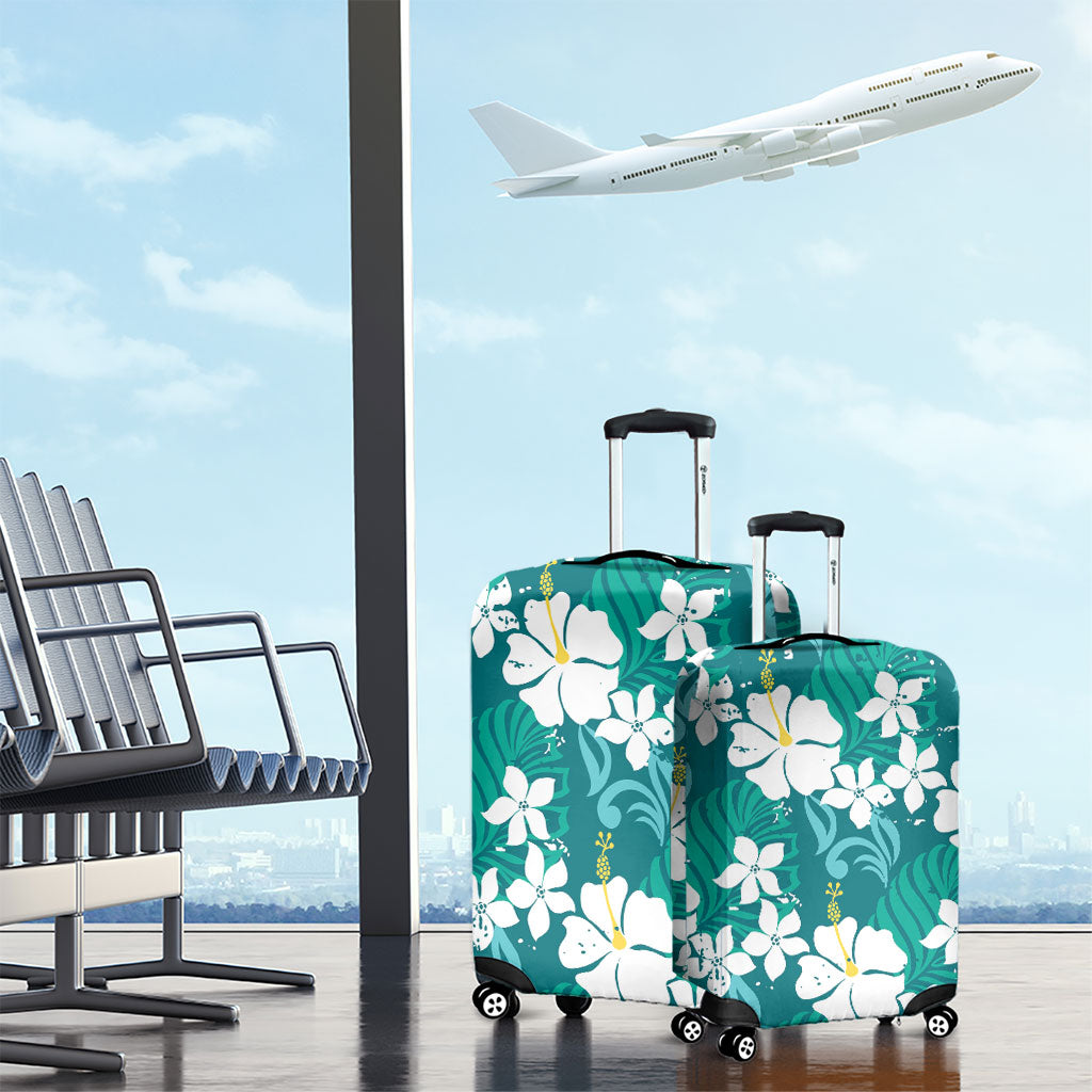 Teal Hawaiian Hibiscus Monstera Luggage Cover Grunge Stylized LT01 - Polynesian Pride