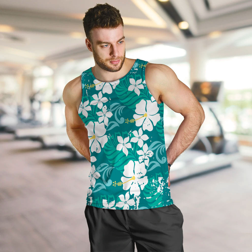 Teal Hawaiian Hibiscus Monstera Men Tank Top Grunge Stylized LT01 Teal - Polynesian Pride