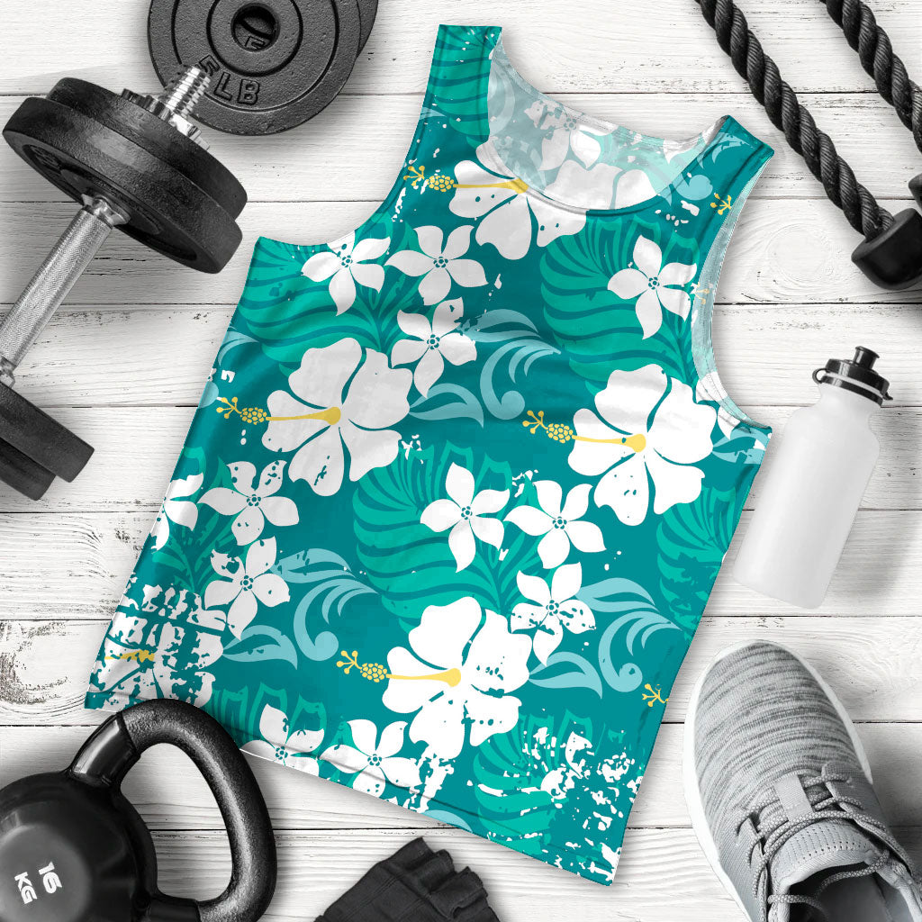 Teal Hawaiian Hibiscus Monstera Men Tank Top Grunge Stylized LT01 - Polynesian Pride